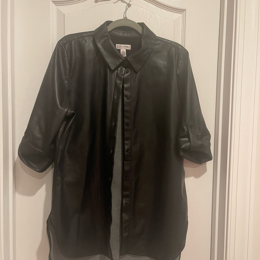 Black Faux Leather Button-Up Shirt